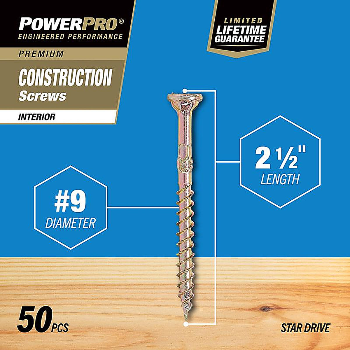 Hillman 42472 Power Pro No. 9 x 2-1/2 in. L Star Wood Screws 50/Pack