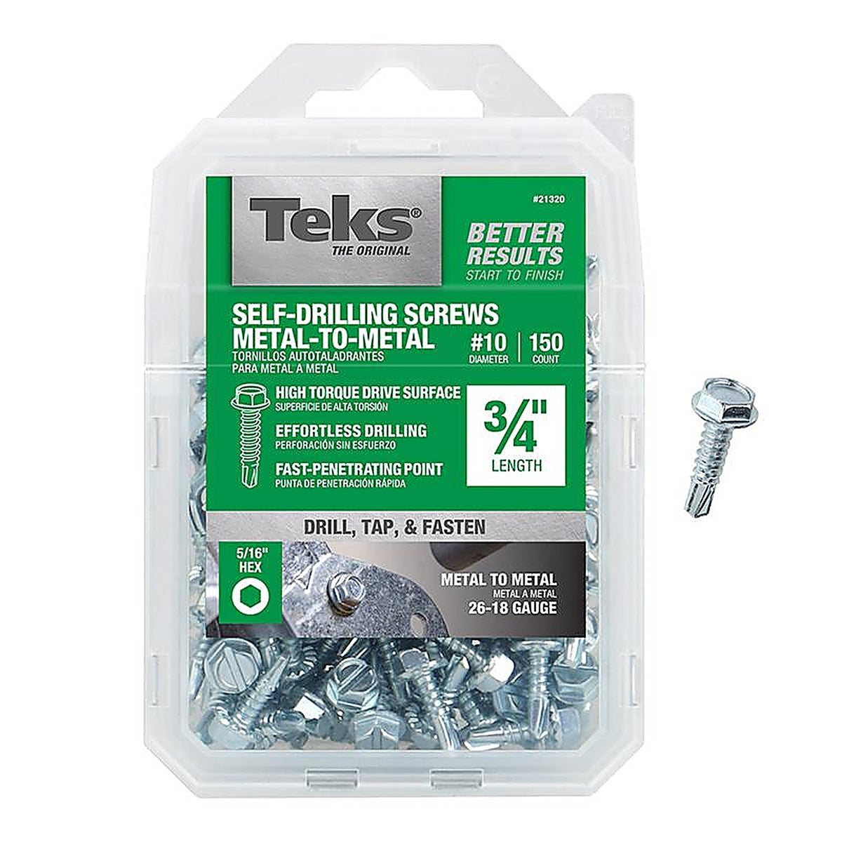 Teks 21320 No. 10 x 3/4 in. L Hex Washer Head Zinc-Plated Steel Sheet Metal Screws 150/Pack