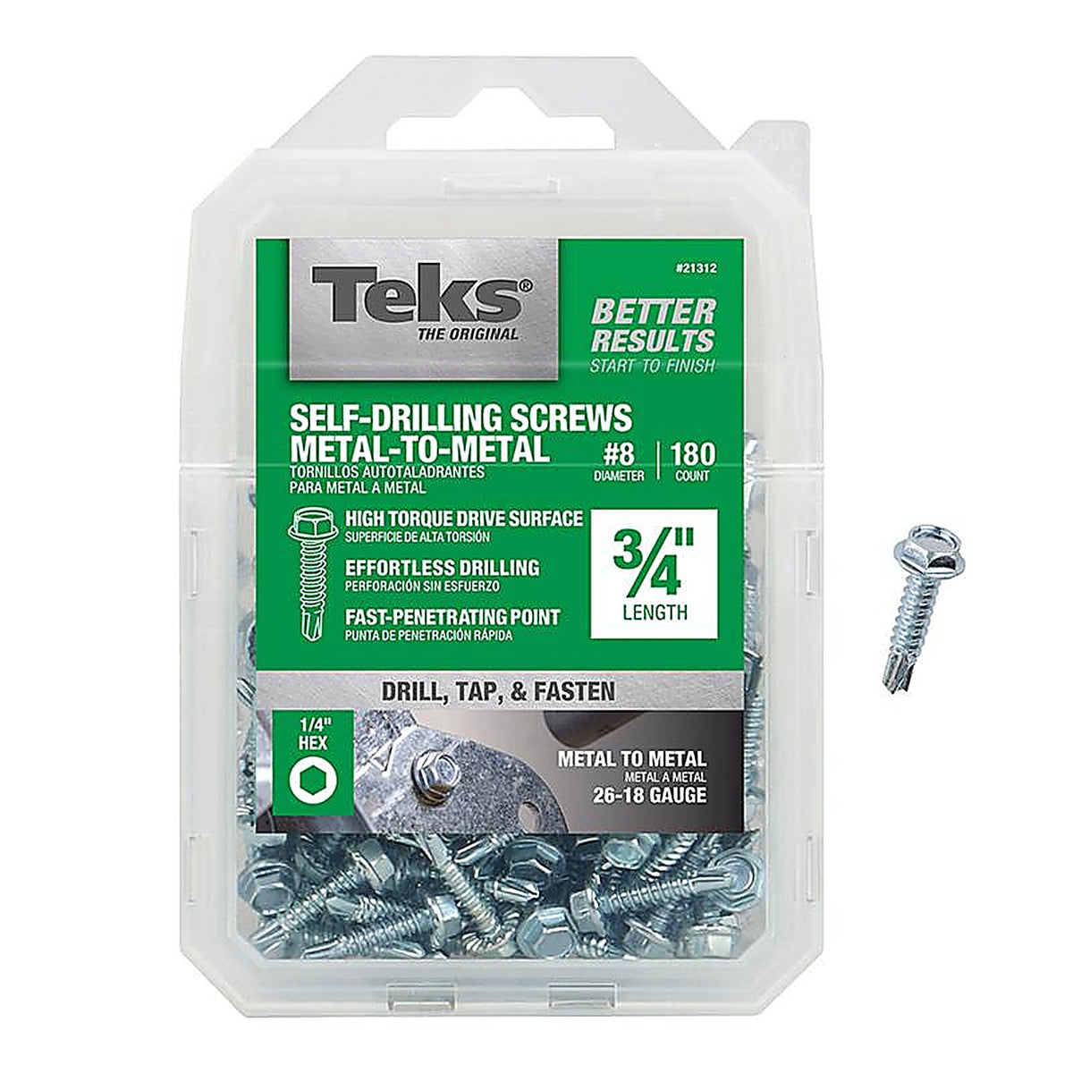 Teks 21312 No. 8 x 3/4 in. L Hex Washer Head Zinc-Plated Steel Sheet Metal Screws 180/Pack
