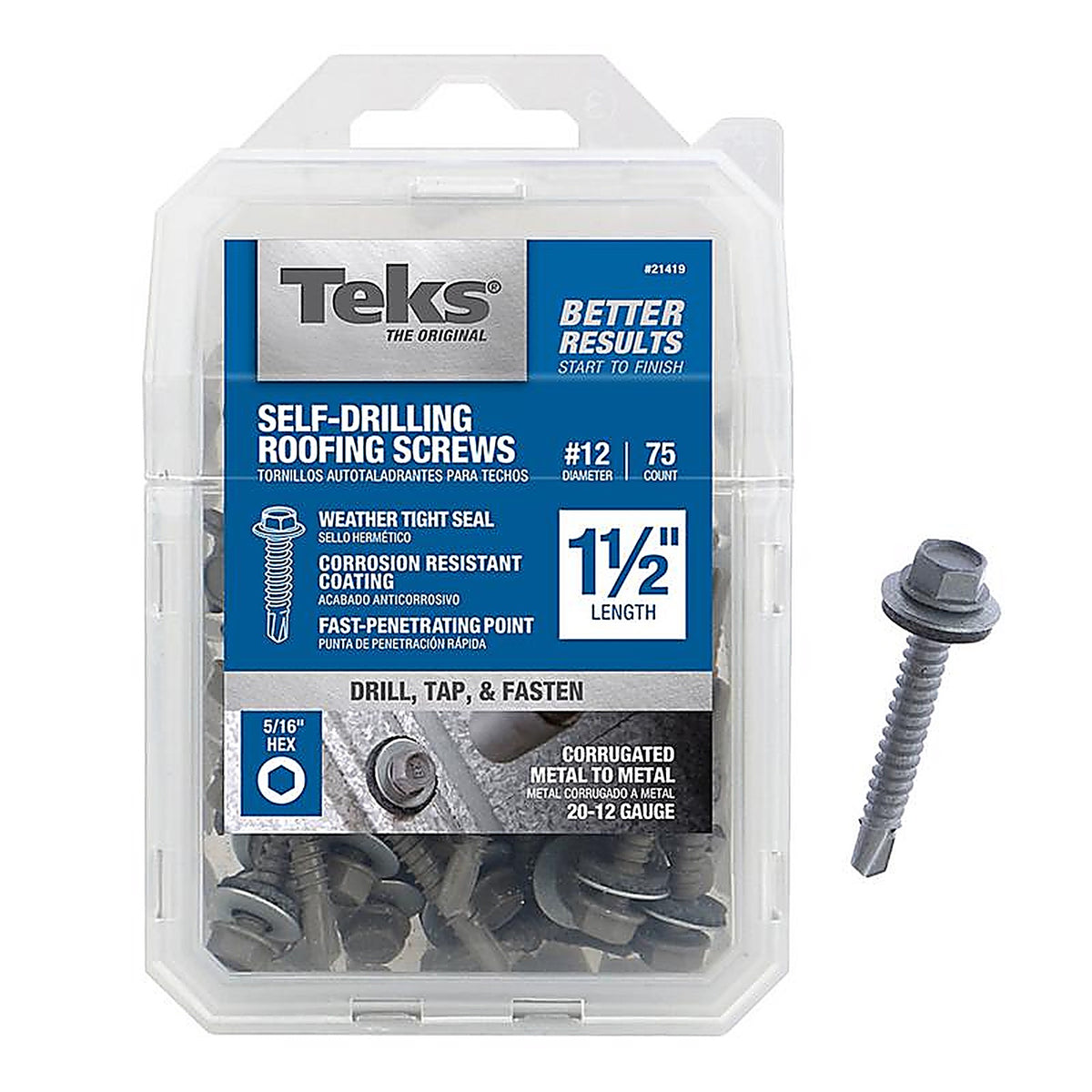 Teks 21419 No. 12 x 1-1/2 in. L Hex Washer Head Roofing Screws 75/Pack