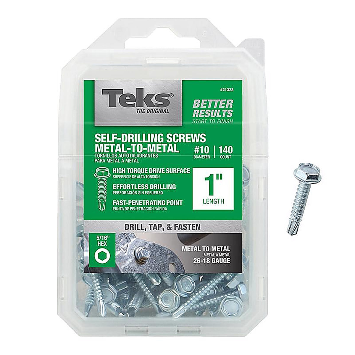 Teks 21328 No. 10 x 1 in. L Hex Washer Head Zinc-Plated Steel Sheet Metal Screws 140/Pack