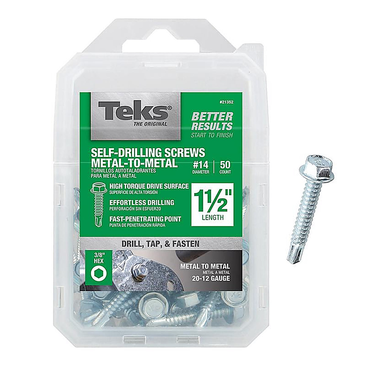 Teks 21352 No. 14 x 1-1/2 in. L Hex Washer Head Zinc-Plated Steel Sheet Metal Screws 50/Pack