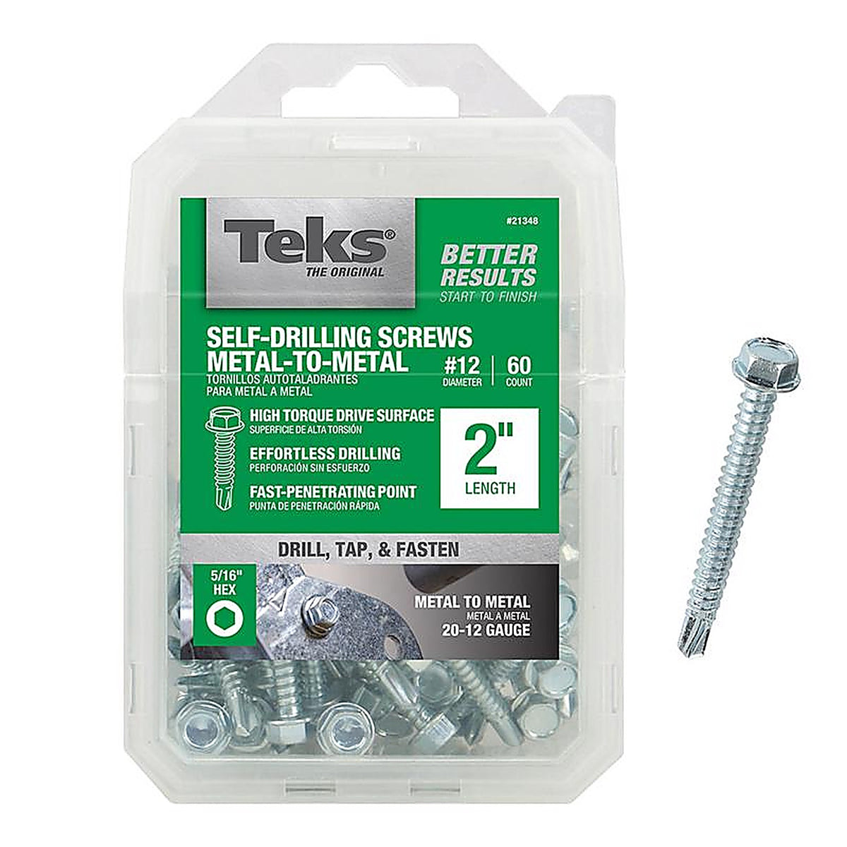 Teks 21348 No. 12 x 2 in. L Hex Washer Head Zinc-Plated Steel Sheet Metal Screws 60/Pack