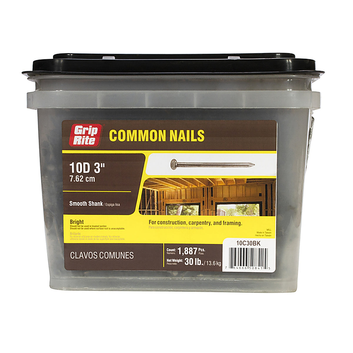 Grip-Rite 10C30BK 10D 3 in. Common Bright Steel Nail Flat 30 lb.