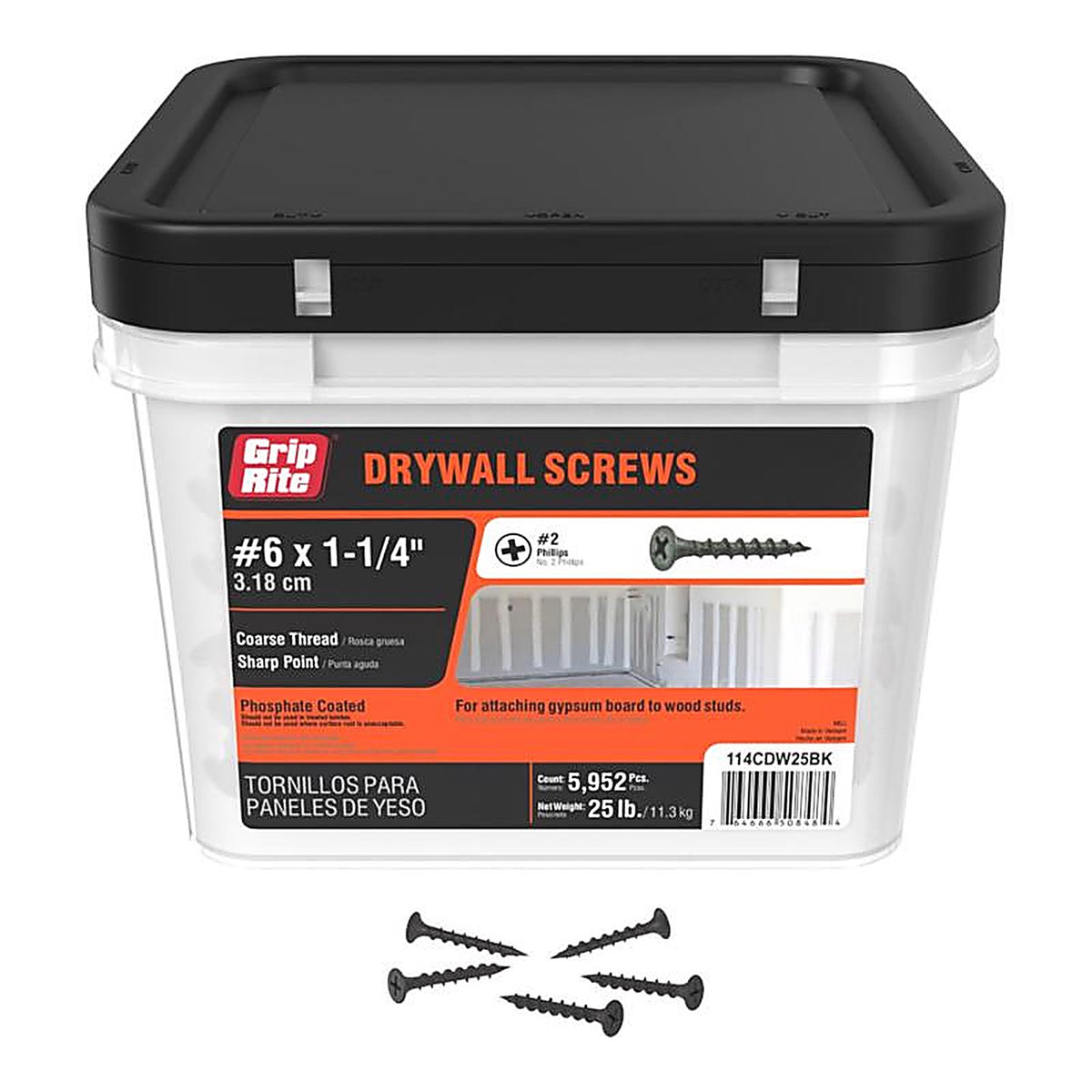 Grip-Rite 114CDW25BK No. 6 x 1-1/4 in. L Phillips Drywall Screws 25 lb. 6450/Pack