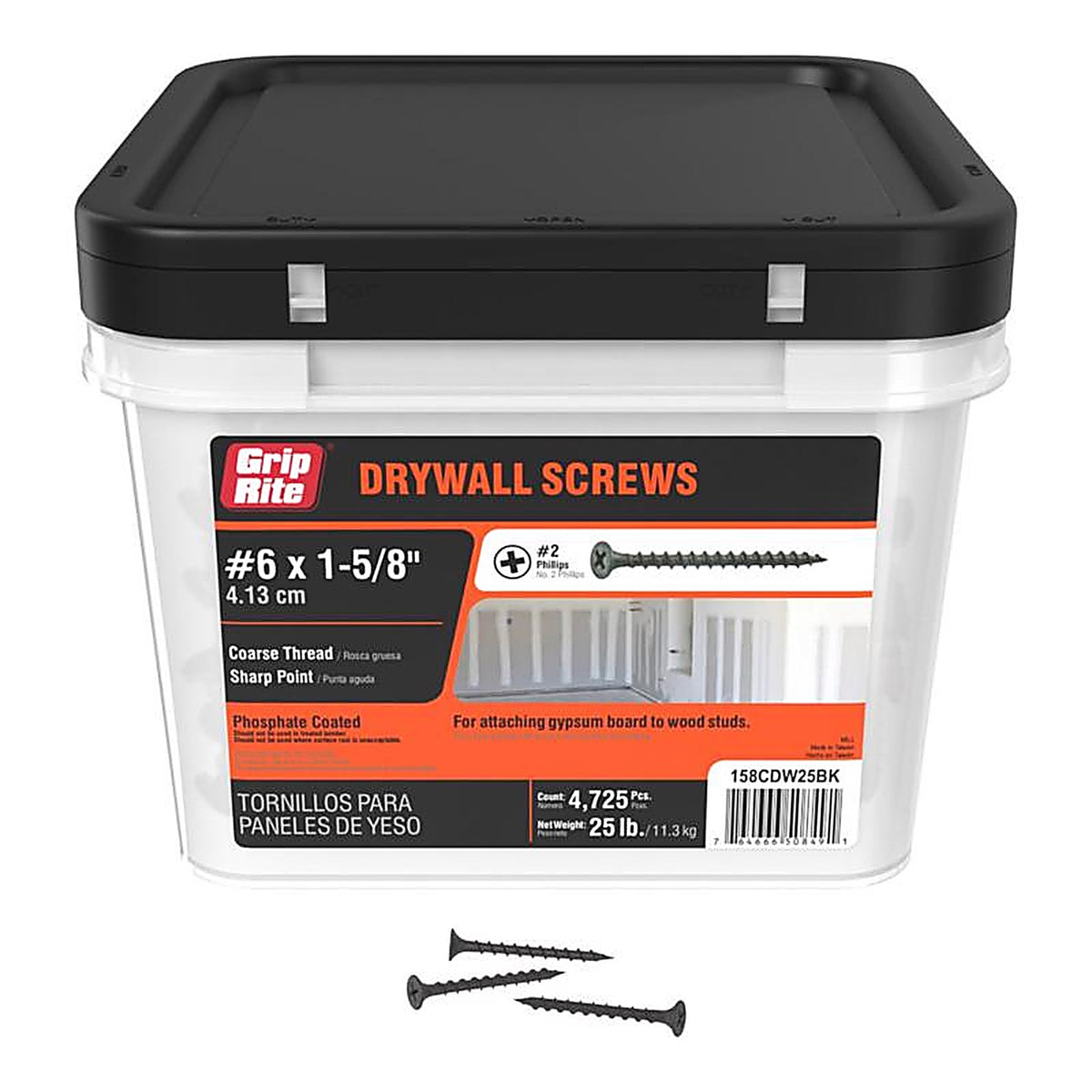 Grip-Rite 158CDW25BK No. 6 x 1-5/8 in. L Phillips Drywall Screws 25 lb. 5000/Pack