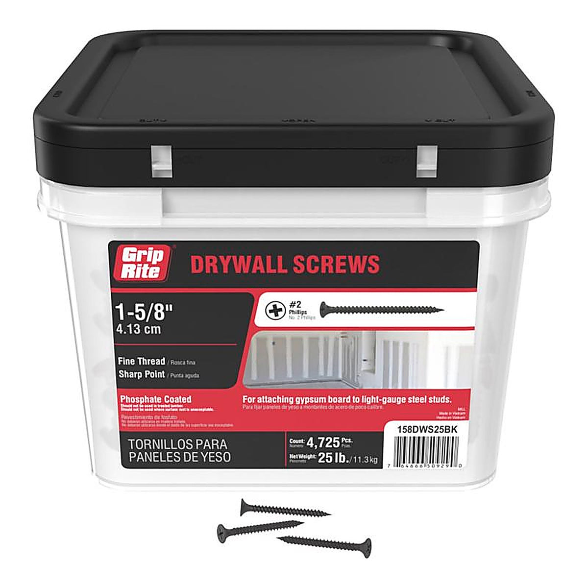 Grip-Rite 158DWS25BK No. 6 x 1-5/8 in. L Phillips Drywall Screws 25 lb. 5000/Pack