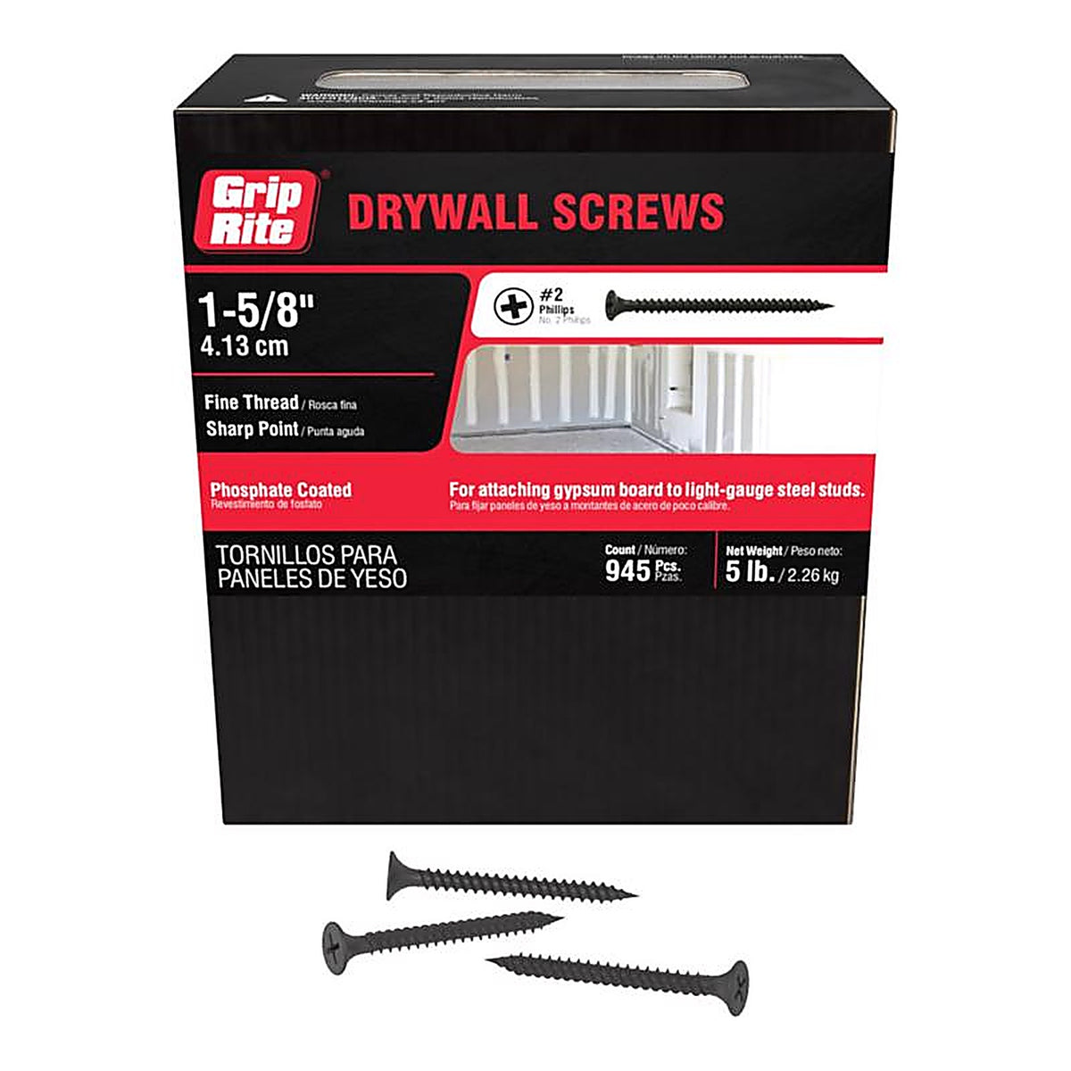 Grip-Rite 158DWS5 No. 6 x 1-5/8 in. L Phillips Drywall Screws 5 lb. 1000/Pack