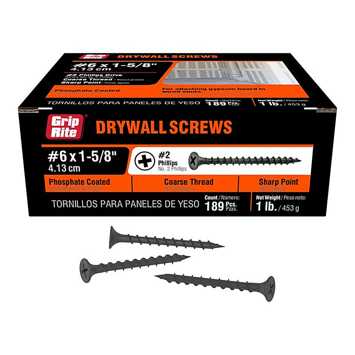 Grip-Rite 158CDWS1 No. 6 x 1-5/8 in. L Phillips Drywall Screws 1 lb. 200/Pack