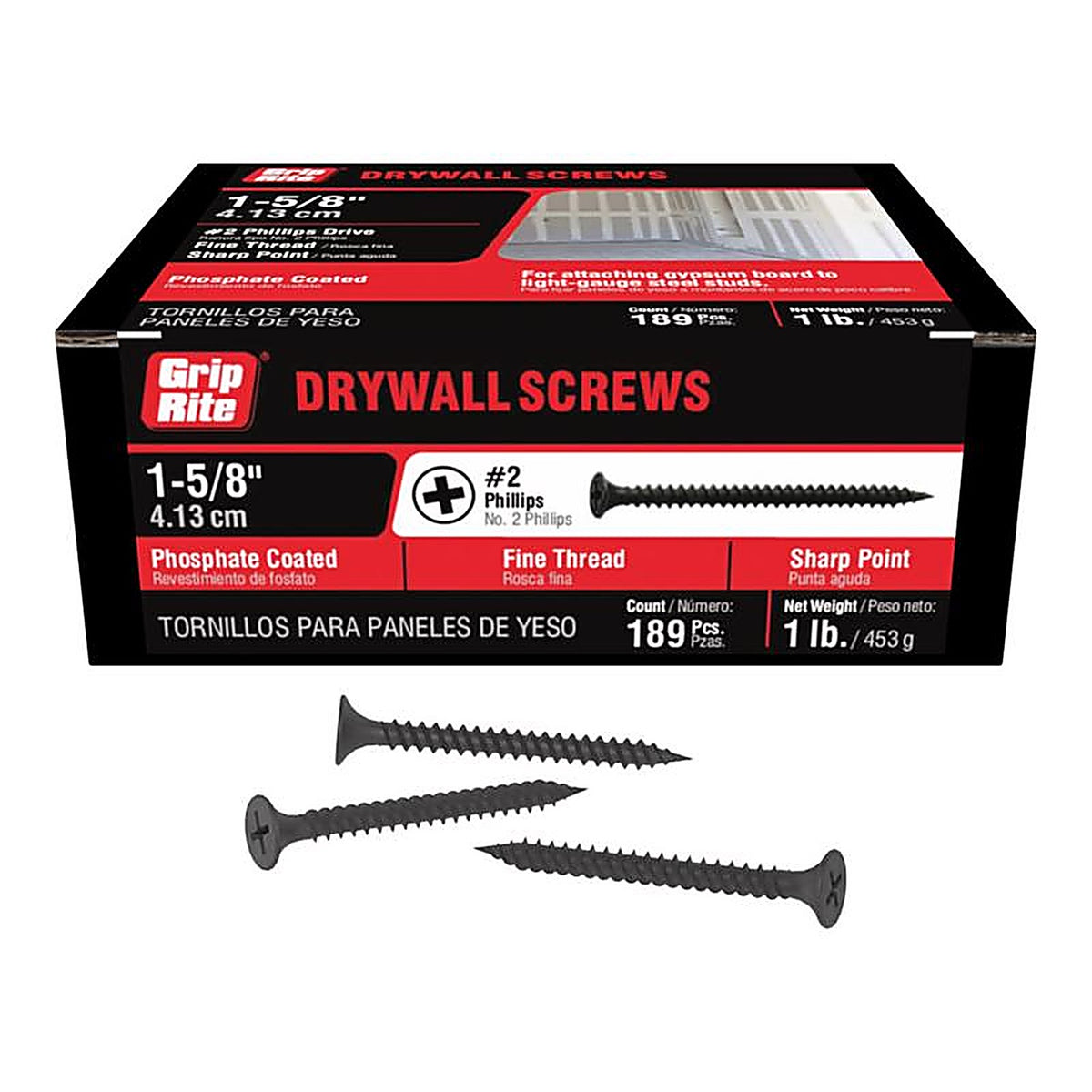 Grip-Rite 158DWS1 No. 6 x 1-5/8 in. L Phillips Drywall Screws 1 lb. 200/Pack