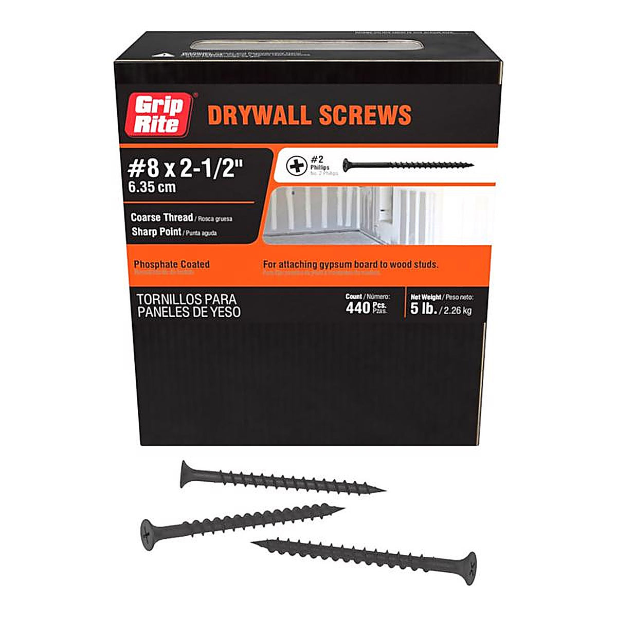 Grip-Rite 212CDWS5 No. 8 x 2-1/2 in. L Phillips Drywall Screws 5 lb. 595/Pack