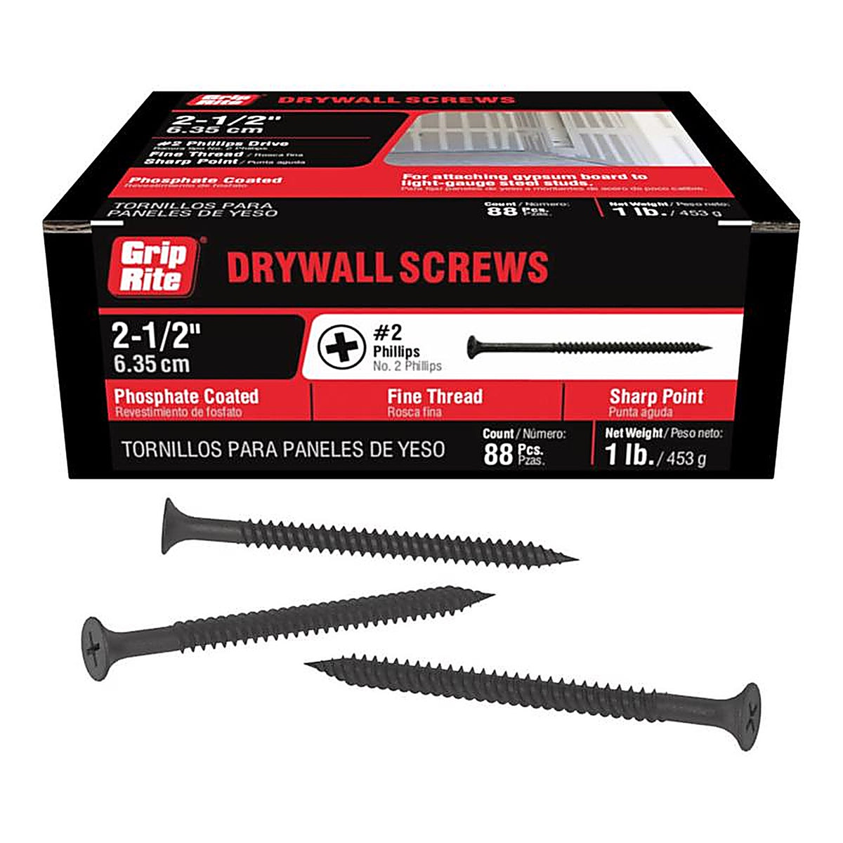 Grip-Rite 212DWS1 No. 8 x 2-1/2 in. L Phillips Drywall Screws 1 lb. 149/Pack