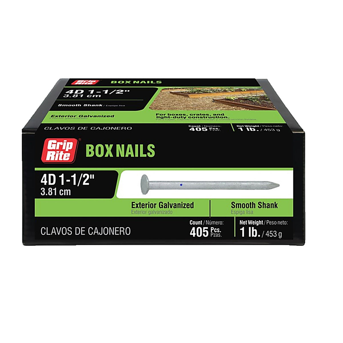 Grip-Rite 4HGBX1 4D 1-1/2 in. Box Hot-Dipped Galvanized Steel Nail Flat 1 lb.