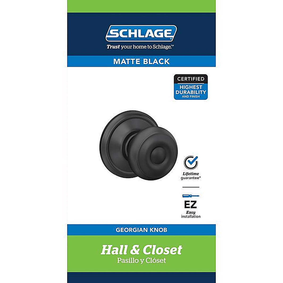 Schlage - F10GGEO622 - F-Series Georgian Matte Black Passage Knob Right or Left Handed
