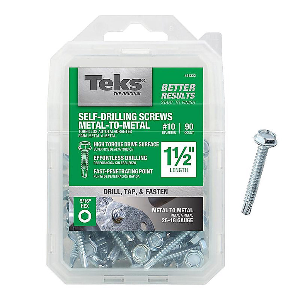 Teks 21332 No. 10 x 1-1/2 in. L Hex Washer Head Sheet Metal Screws 90/Pack
