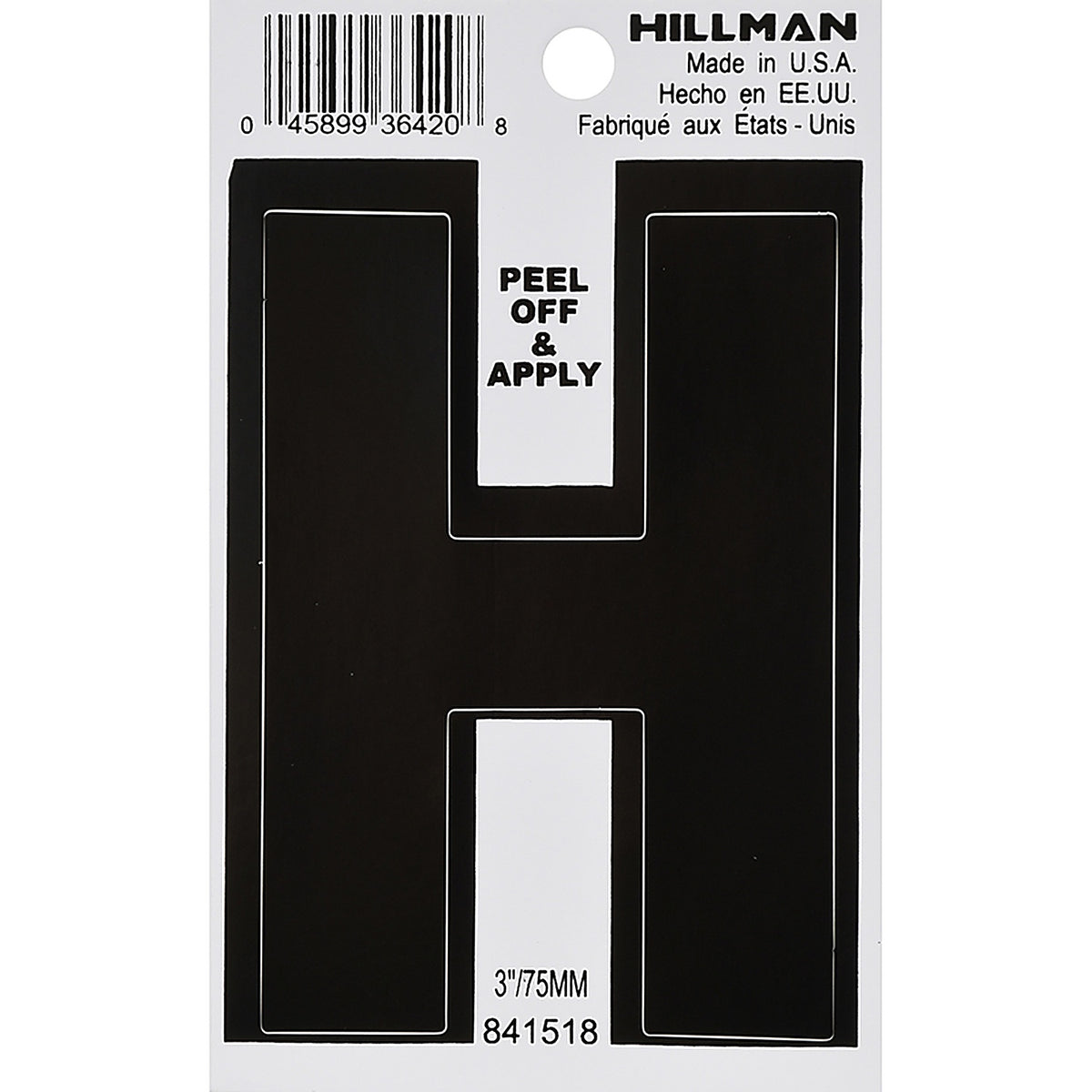 Hillman 841518 3 in. Black Vinyl Self-Adhesive Letter H 1/pc.
