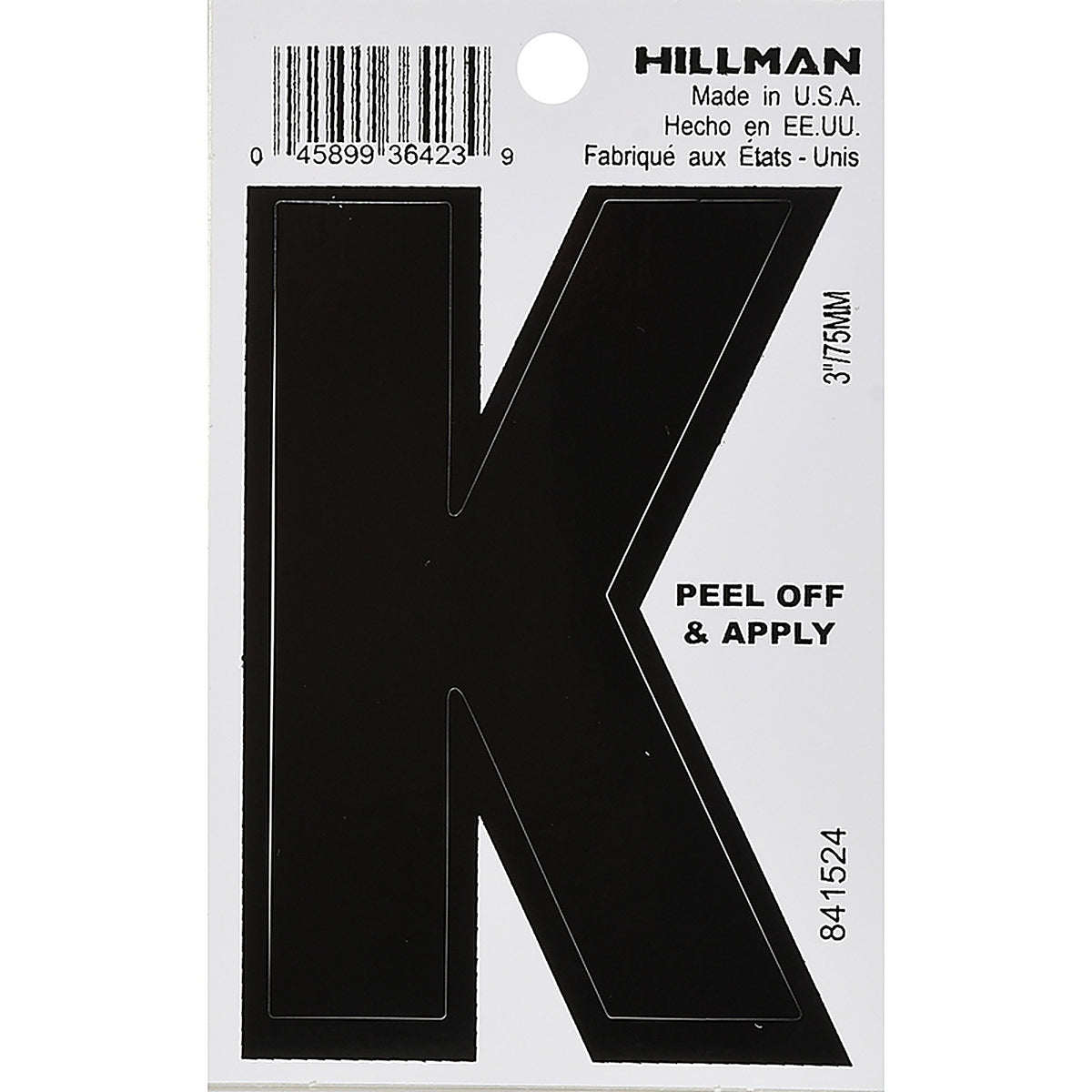Hillman 841524 3 in. Black Vinyl Self-Adhesive Letter K 1/pc.