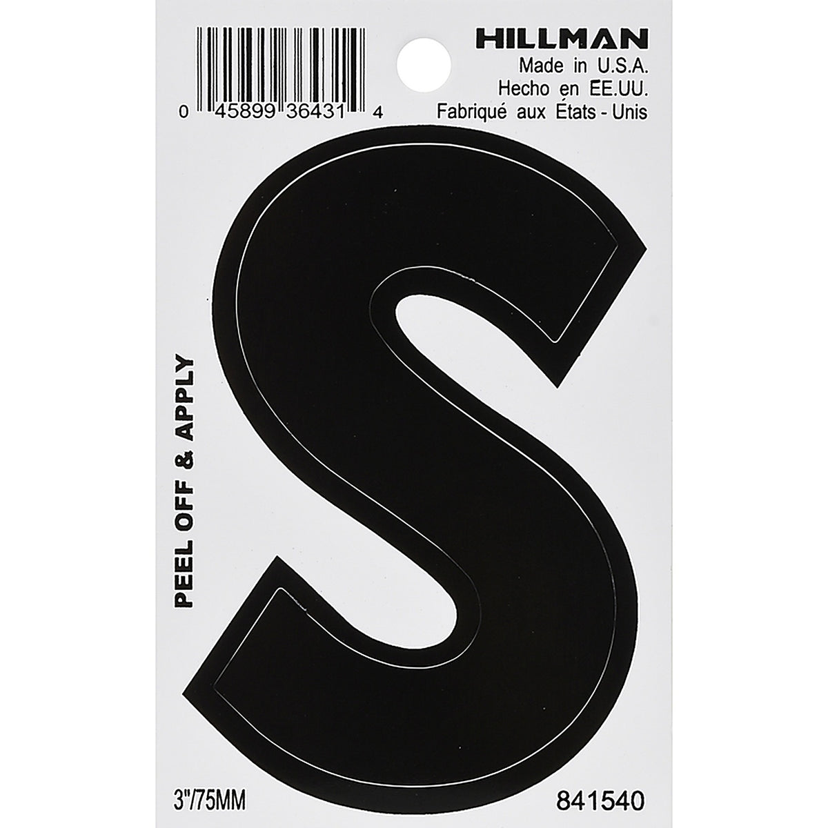 Hillman 841540 3 in. Black Vinyl Self-Adhesive Letter S 1/pc.