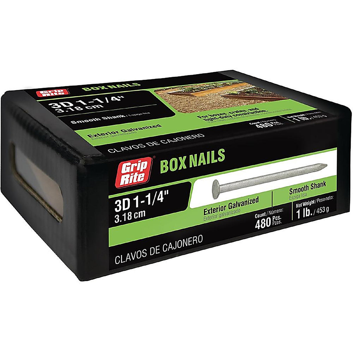 Grip-Rite 3HGBX1 3D 1-1/4 in. Box Hot-Dipped Galvanized Steel Nail Flat 1 lb.