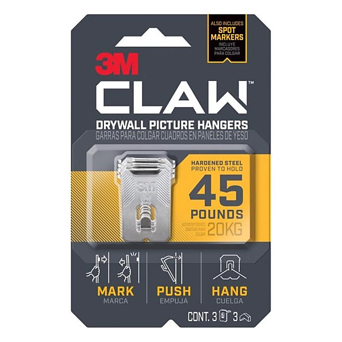 3M 3PH45M-3ES Claw Silver Drywall Picture Hanger 45 lb 3 pk