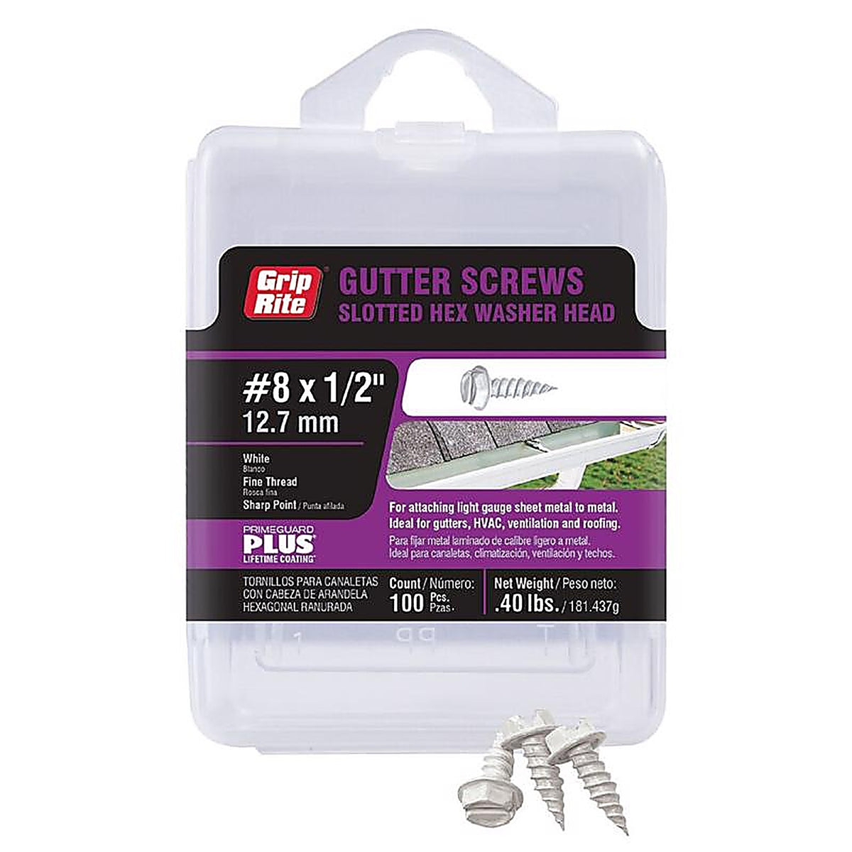 Grip-Rite HHSW08012P No. 8 S X 1/2 in. L Slotted Hex Head Gutter Screws 100 pk