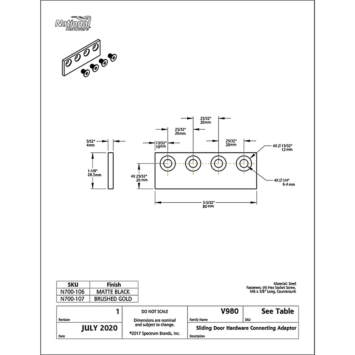 National Hardware N700-107 3-1/8 inch L Brushed Gold Steel Sliding Door Hardware Connecting Adapter 1