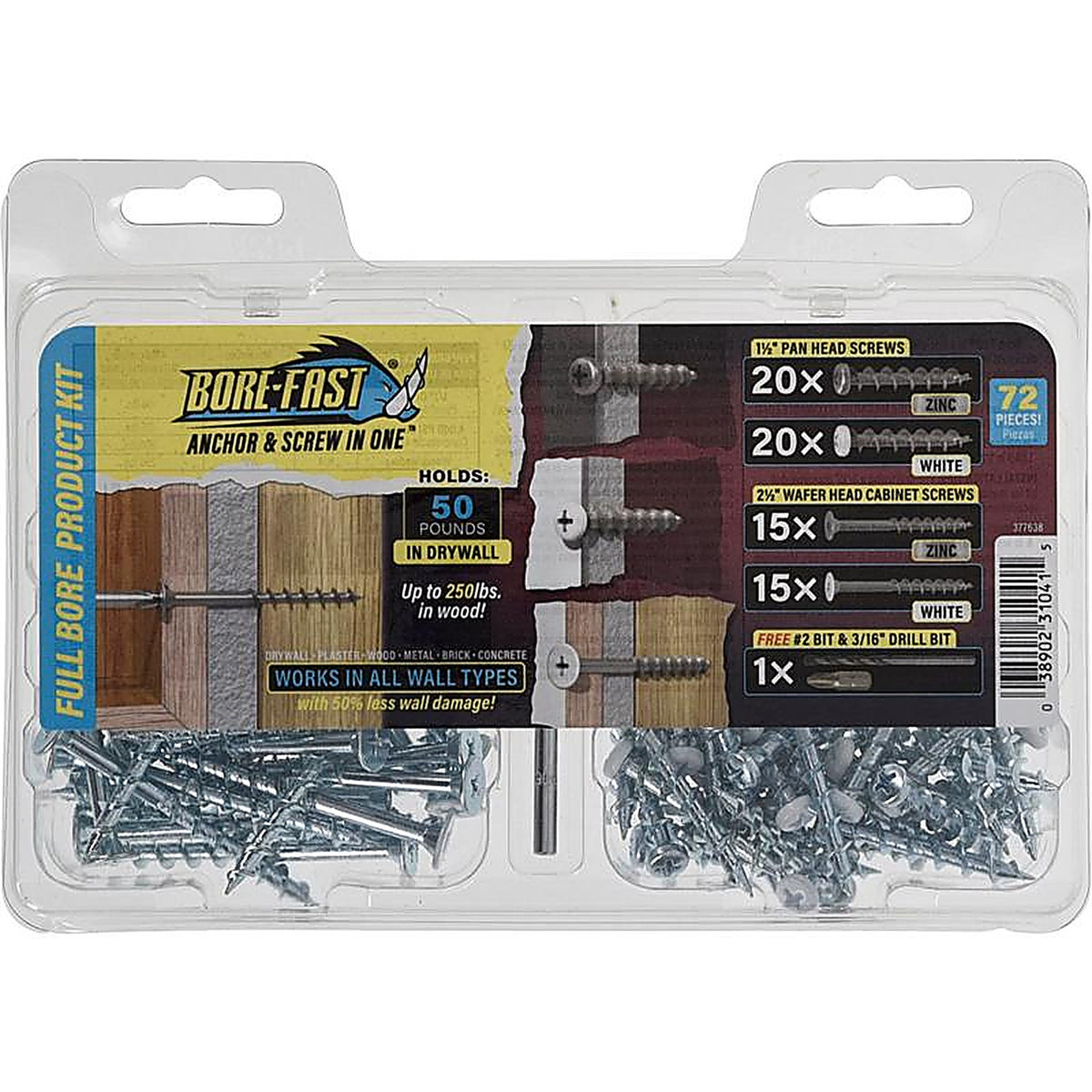 Hillman - 377638 - Bore-Fast 3/16 In. D X Assorted In. L Steel Pan/Wafer Head Full Bore Product Kit 72 Piece
