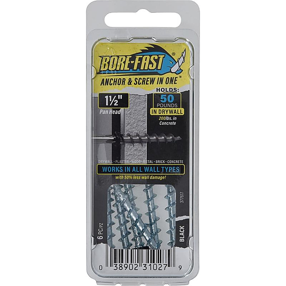 Hillman - 377617 - Bore-Fast 3/16 In. D X 1-1/2 In. L Steel Pan Head Screw and Anchor 6 Piece