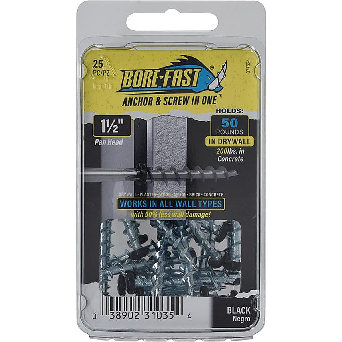 Hillman - 377624 - Bore-Fast 3/16 In. D X 1-1/2 In. L Steel Pan Head Screw and Anchor 25 Piece