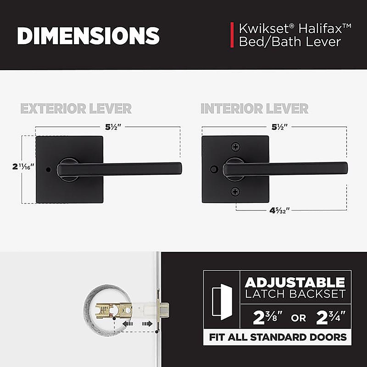 Kwikset 97300-949 Halifax Matte Black Bed and Bath Lever Right or Left Handed