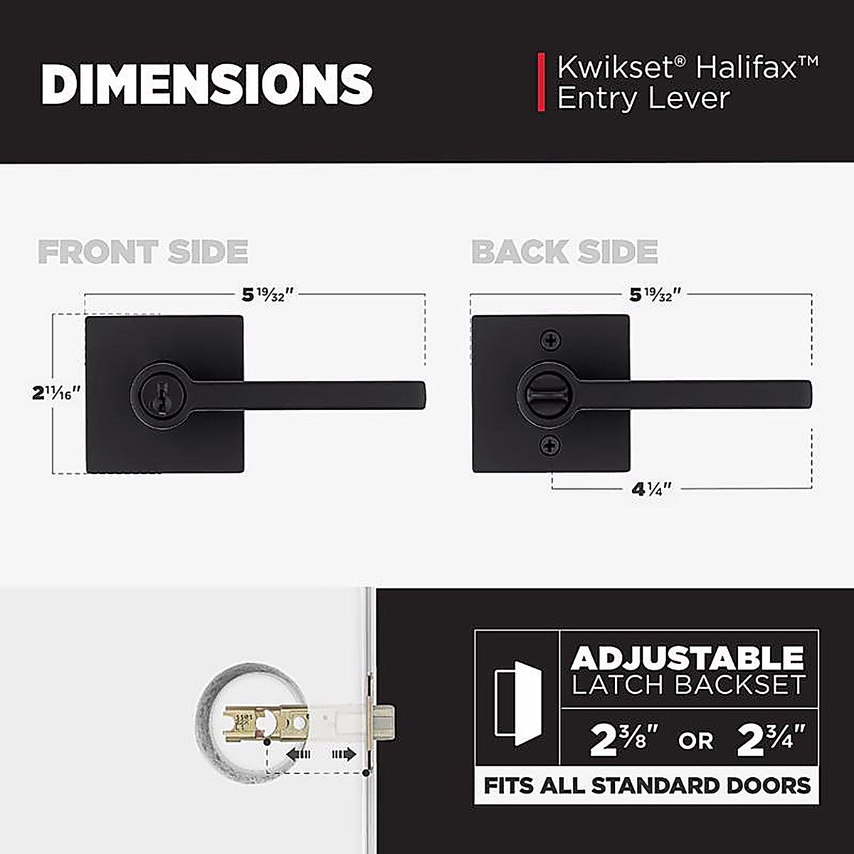 Kwikset 97402-920 Halifax Matte Black Keyed Entry Lever ANSI/BHMA Grade 3 2-3/4 in.