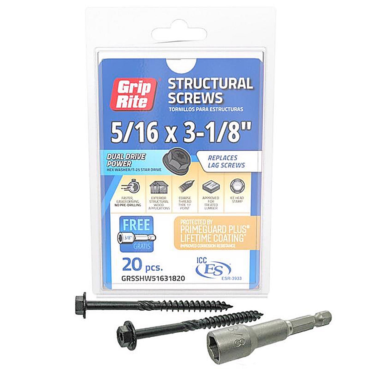 Grip-Rite - GRSSHW51631820 - 5/16 In. Wire X 3-1/8 In. L Star HEX Washer Head Coarse Structural Screws