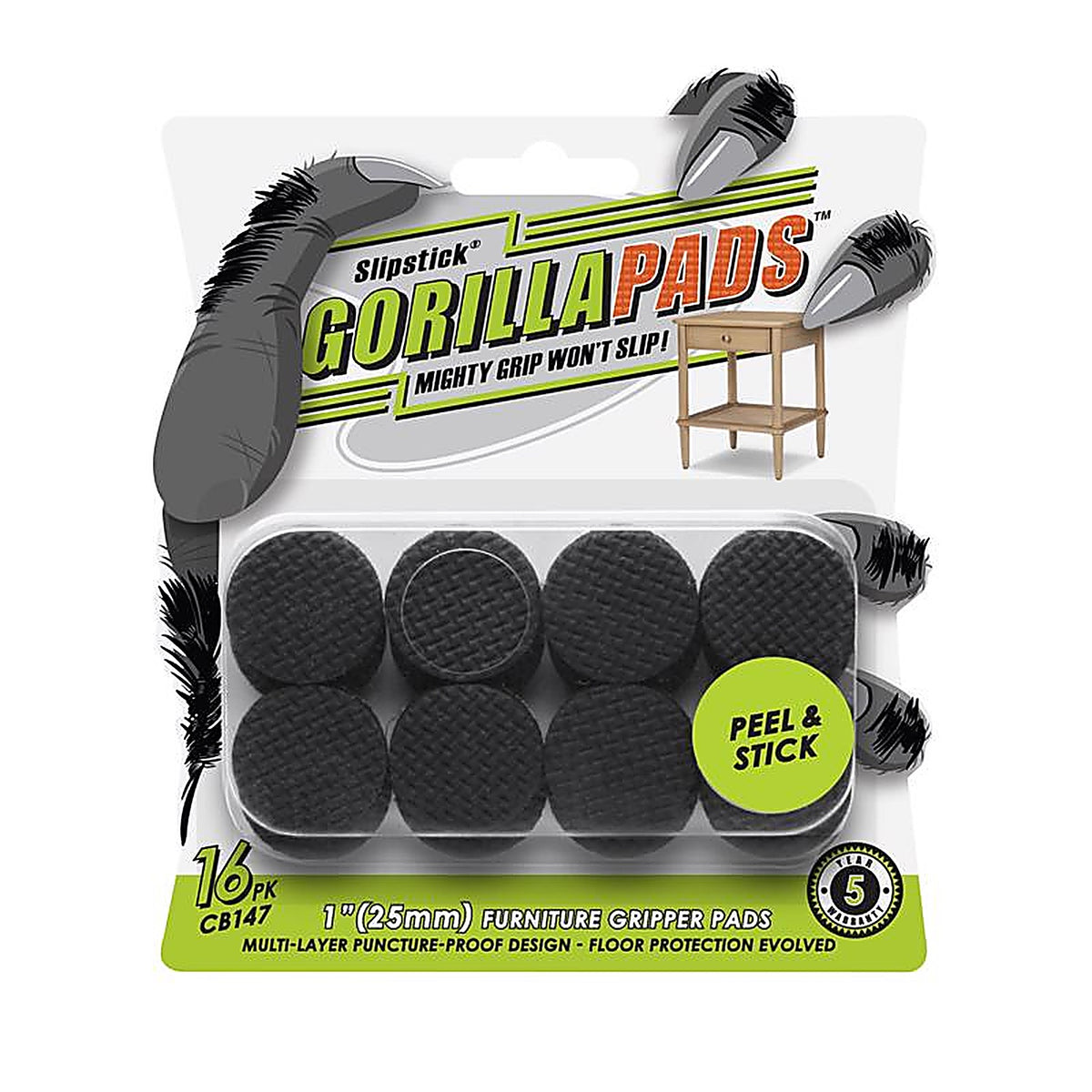 Slipstick - CB147 - Gorillapads Furniture Gripper 1 In. W X 1 In. L Rubber Black 16 Pack