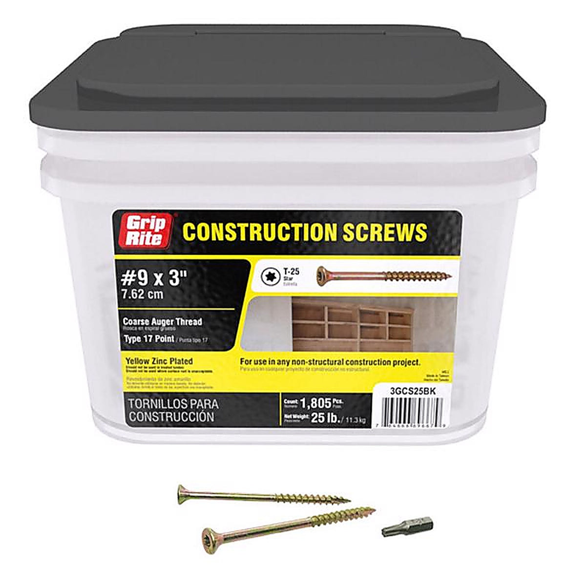 Grip-Rite 3GCS25BK No. 9 wire X 3 in. L Star Flat Head Construction Screws 25 lb