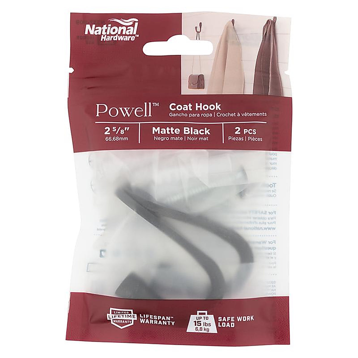 National Hardware N337-909 Powell Medium Matte Black Black Aluminum 2-5/8 in. L Knurled Hook 15 lb 1 pk