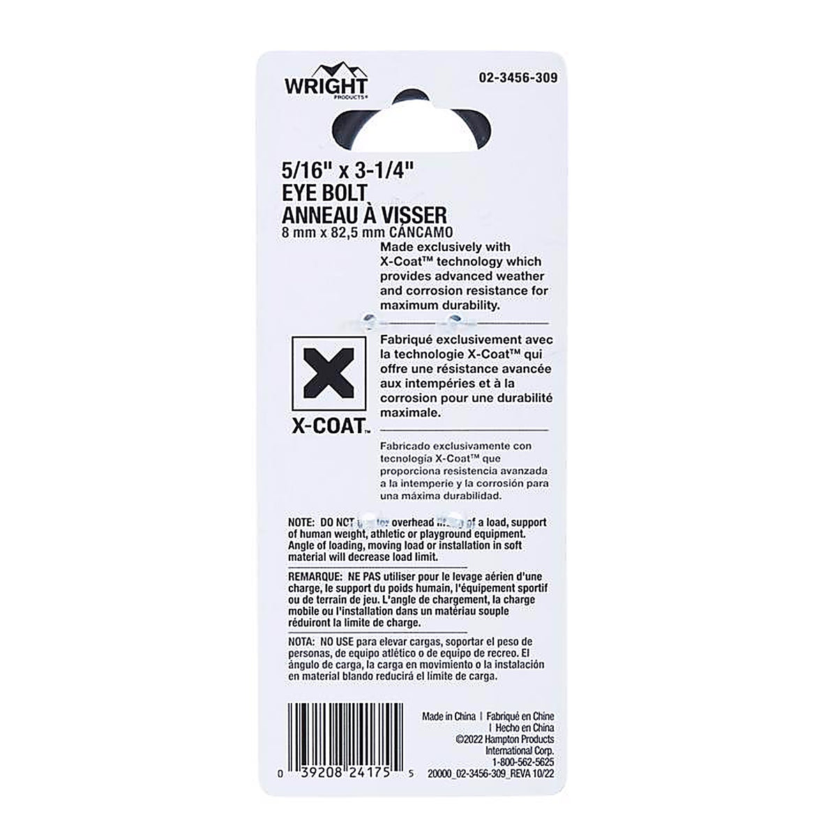 Wright - 02-3456-309 - 5/16 In. X 3-1/4 In. L Black Steel Eyebolt Nut Included