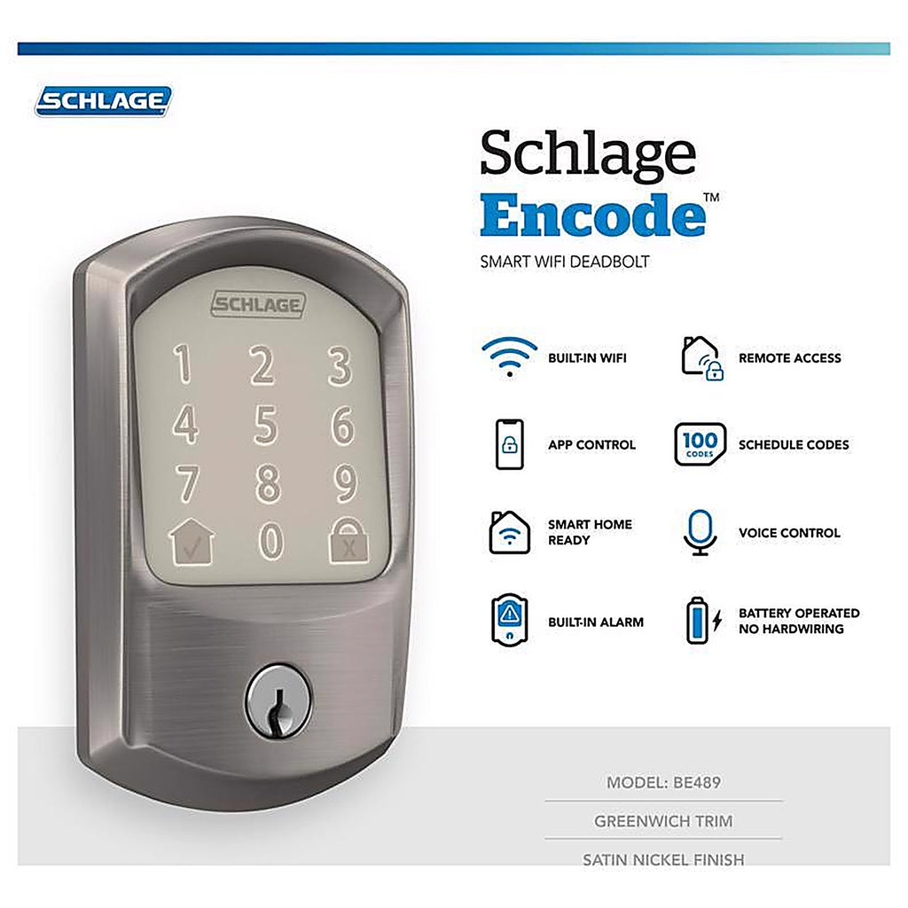 Schlage - BE489WBVGRW619 - Encode Satin Nickel Metal Wi-Fi Deadbolt