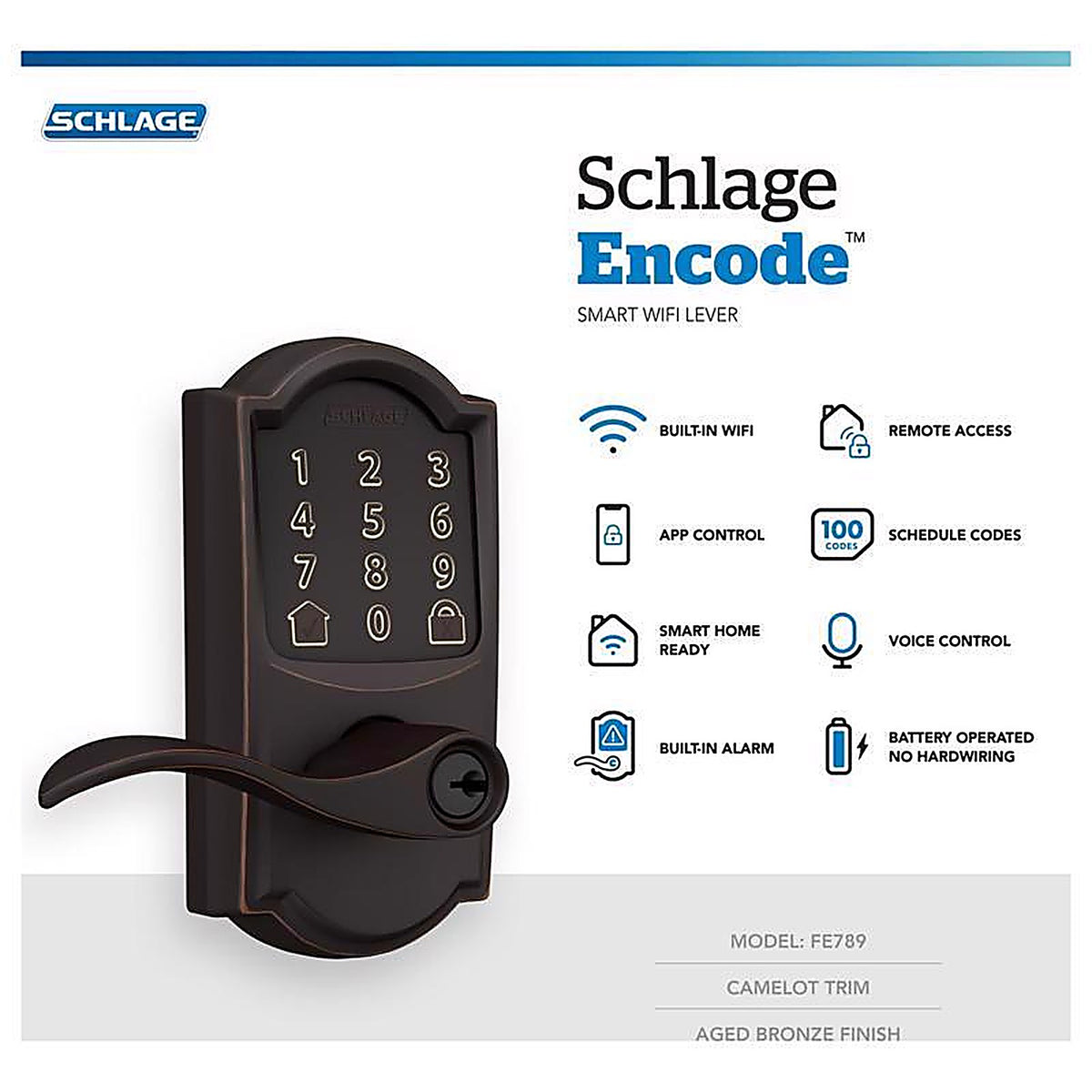 Schlage - FE789WBVCAM716A - Encode Aged Bronze Metal Wi-Fi Deadbolt with Accent Lever