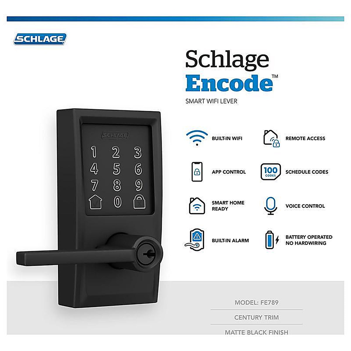 Schlage - FE789WBVCEN622L - Encode Matte Black Metal Wi-Fi Deadbolt with Latitude Lever