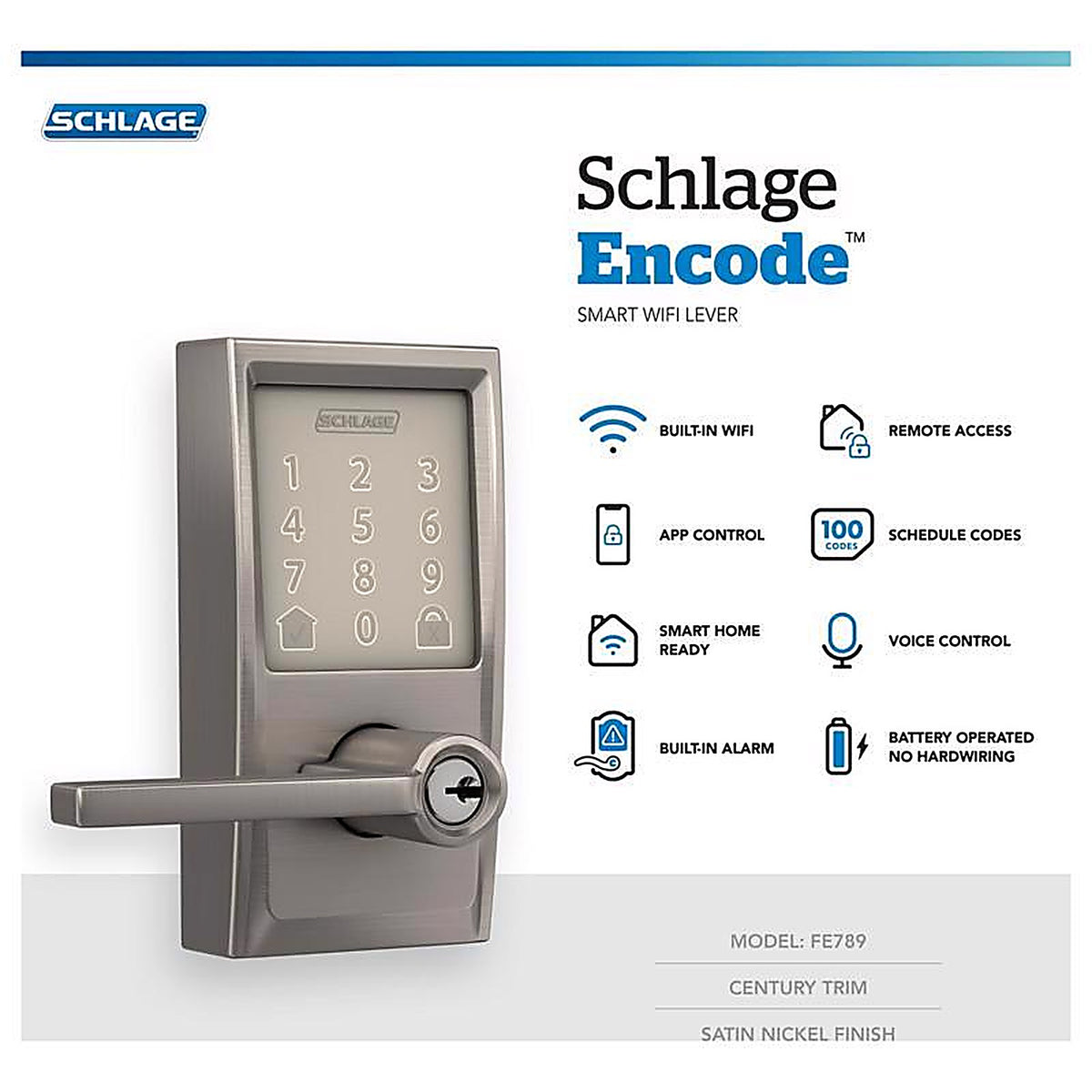 Schlage - FE789WBVCEN619L - Encode Satin Nickel Metal Wi-Fi Deadbolt with Latitude Lever