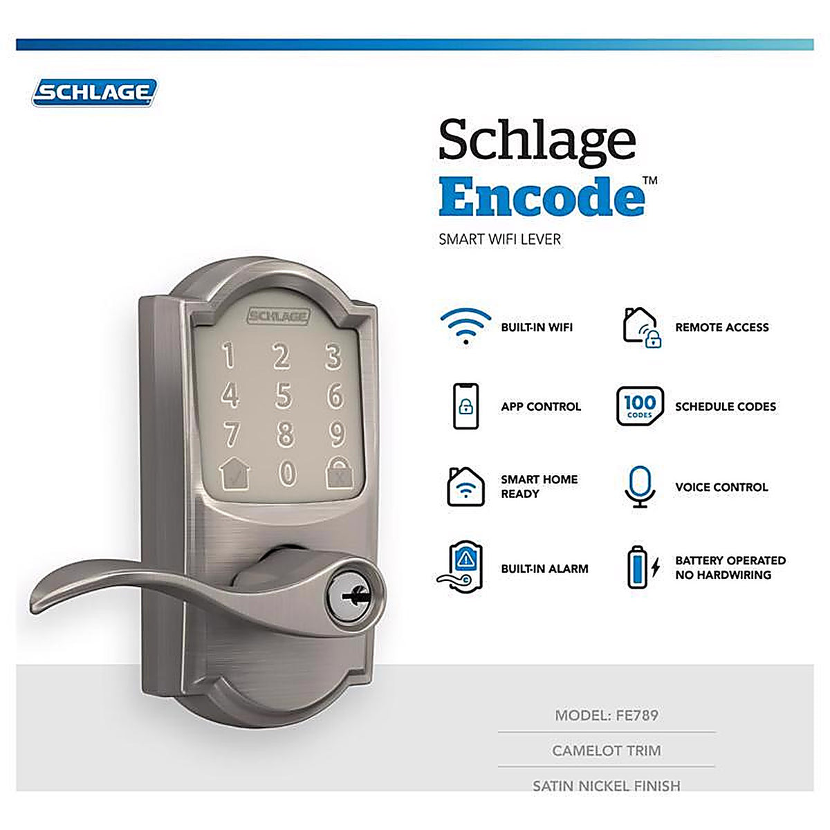 Schlage - FE789WBVCAM619A - Encode Satin Nickel Metal Wi-Fi Deadbolt with Accent Lever