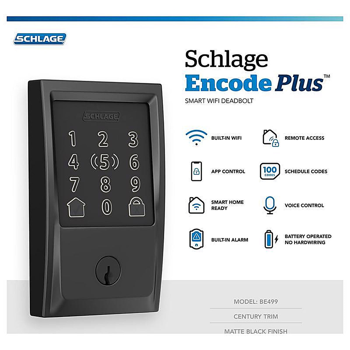 Schlage - BE499WBVCEN622 - Encode Plus Matte Black Metal Wi-Fi Deadbolt with Century Trim