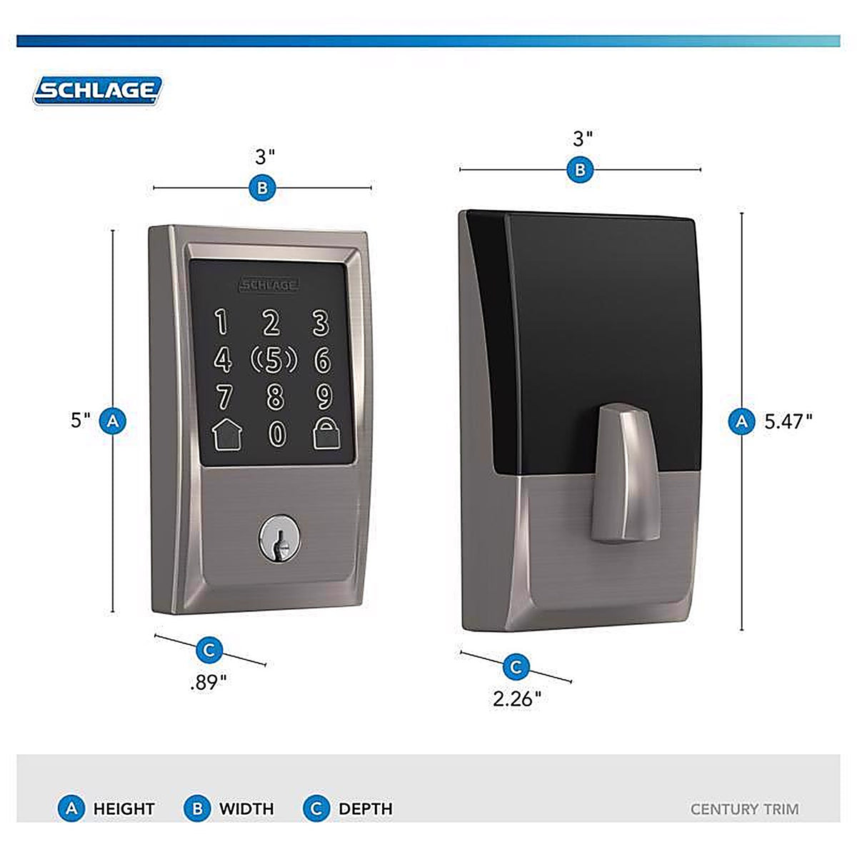 Schlage - BE499WBVCEN619 - Encode Plus Satin Nickel Metal Wi-Fi Deadbolt with Century Trim