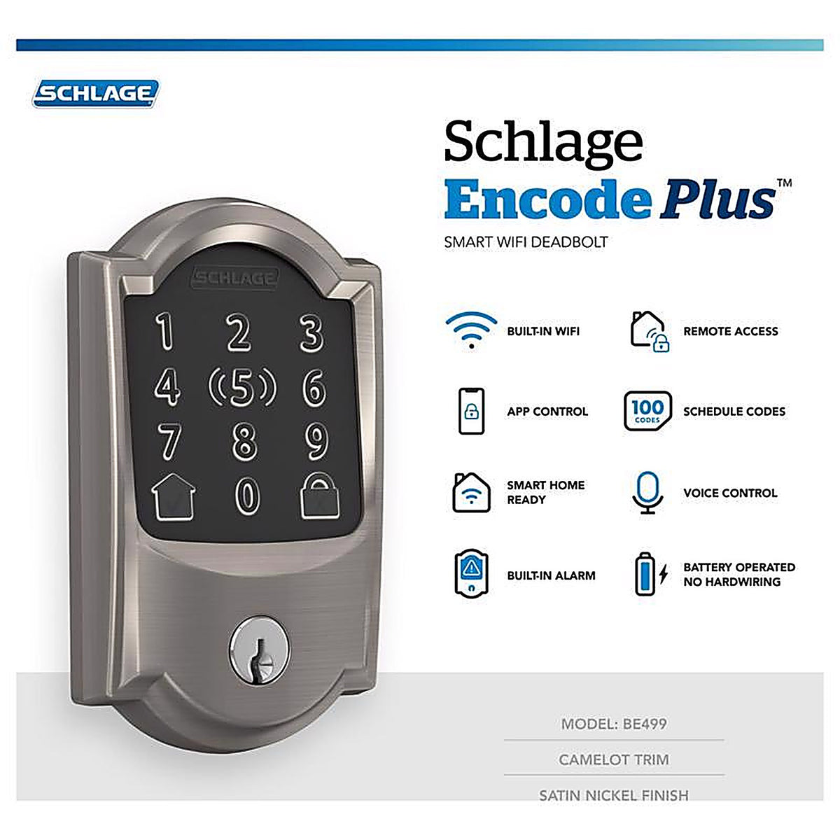 Schlage - BE499WBVCAM619 - Encode Plus Satin Nickel Metal Wi-Fi Deadbolt with Camelot Trim