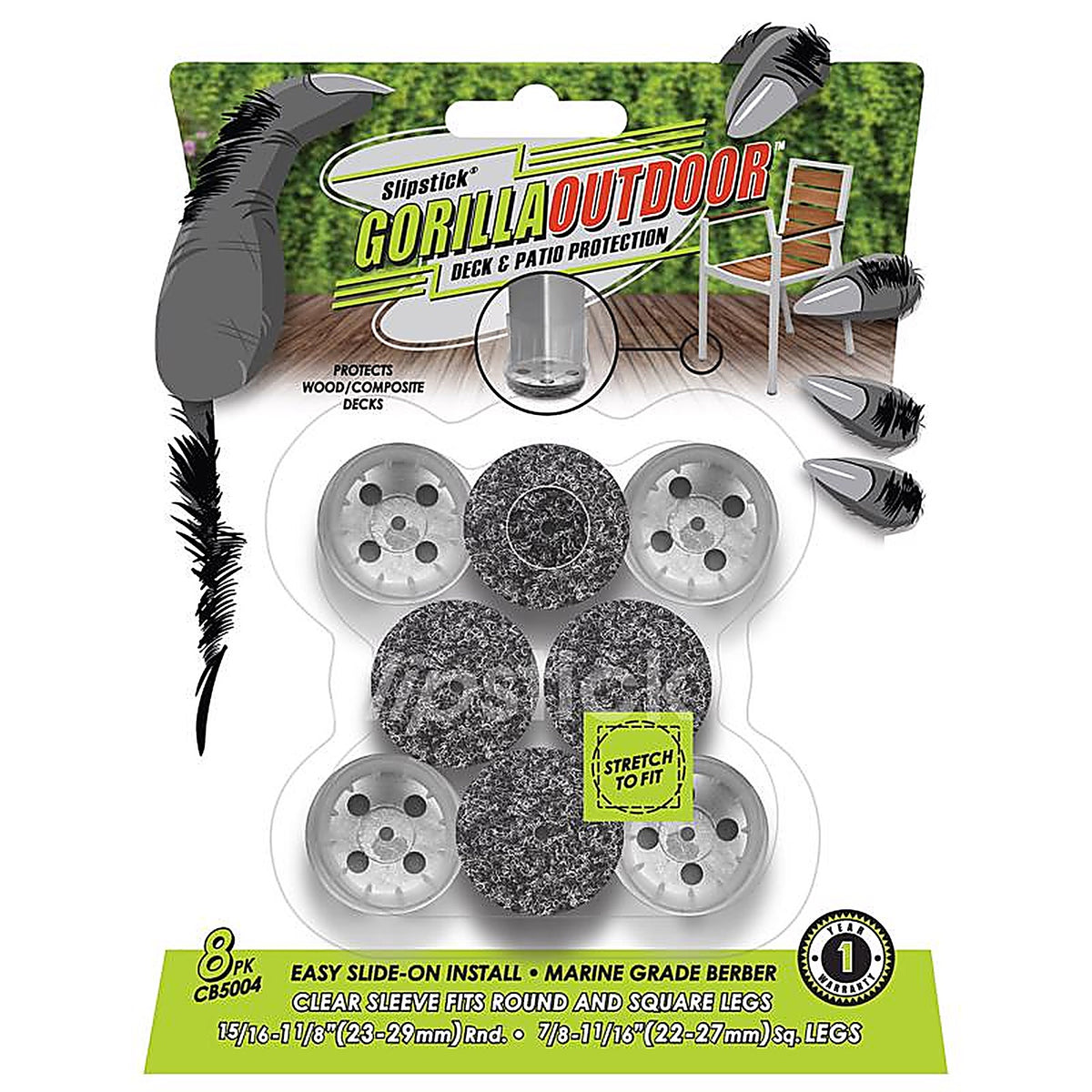 Slipstick - CB5004 - Gorilla Outdoor Black/Silver Push-On Marine Grade Berber Chair Glide 8 Pack