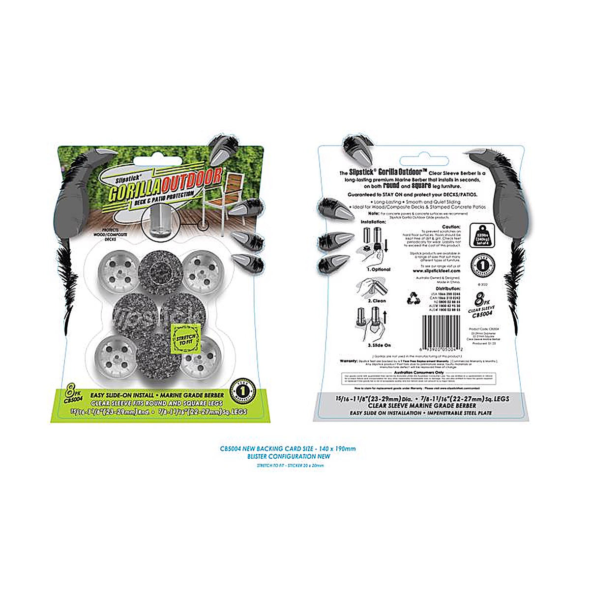 Slipstick - CB5004 - Gorilla Outdoor Black/Silver Push-On Marine Grade Berber Chair Glide 8 Pack