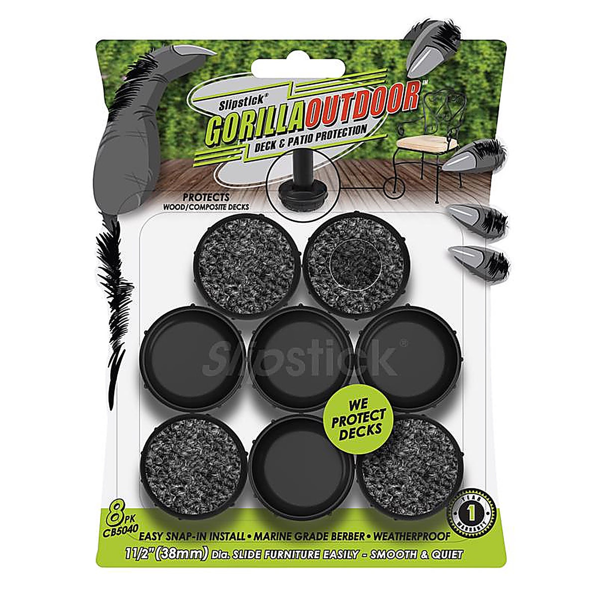 Slipstick - CB5040 - Gorilla Outdoor Black 1-1/2 In. Push-On Marine Grade Berber Chair Glide 8 Pack