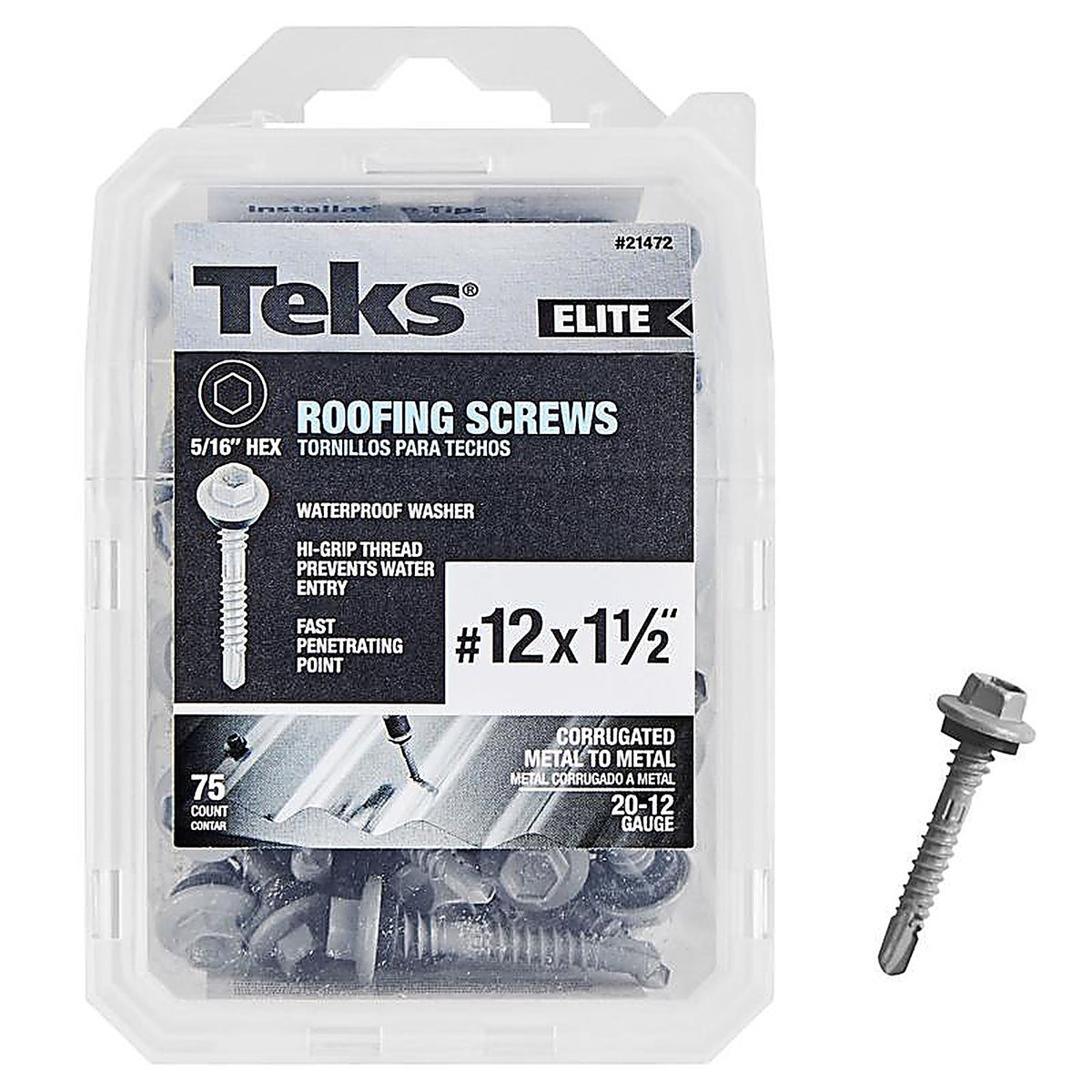 Teks Elite - 21472 - No. 12 X 1-1/2 In. L HEX Drive HEX Washer Head Self Tapping Roofing Screws