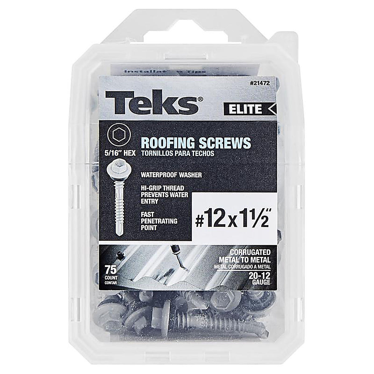 Teks Elite - 21472 - No. 12 X 1-1/2 In. L HEX Drive HEX Washer Head Self Tapping Roofing Screws