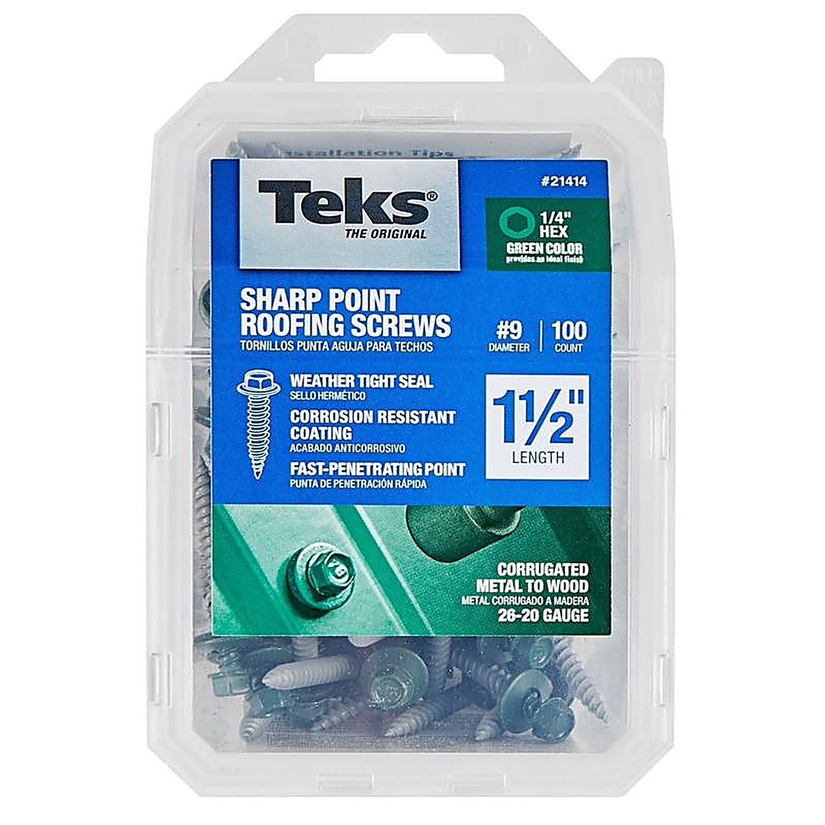 Teks - 21414 - No. 9 X 1-1/2 In. L HEX Drive HEX Washer Head Self Tapping Roofing Screws